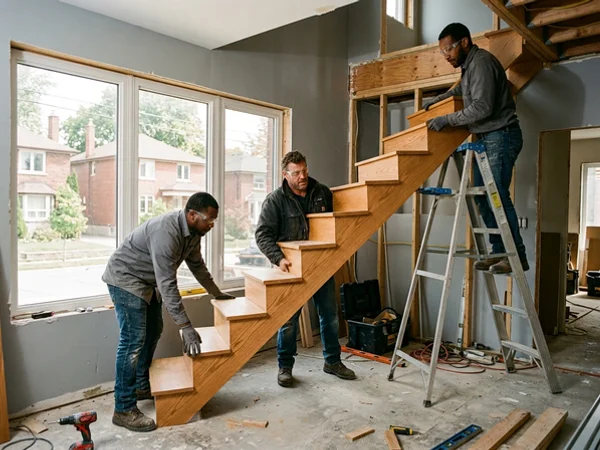 Three crew members installing a pre-assembled oak stair stringer