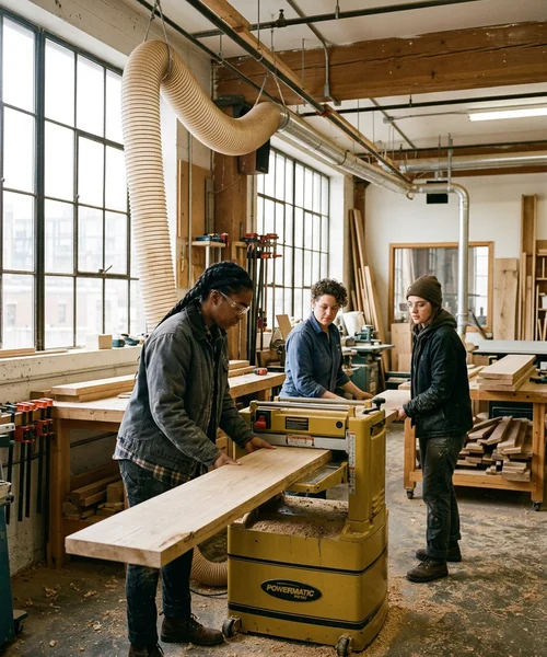 Crew milling rough-sawn white oak stair treads in the shop