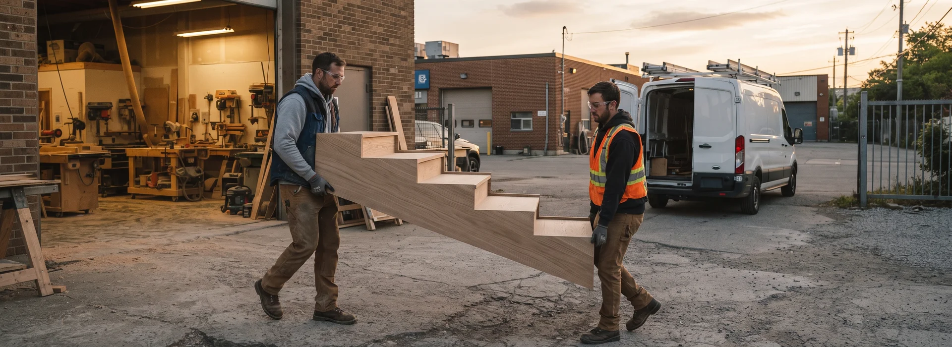 Stair fabrication crew loading a finished white oak stringer at the Etobicoke shop
