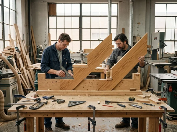 Two fabricators dry-fitting oak stair stringers on a shop jig in Etobicoke