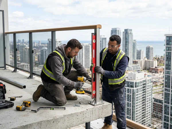 Two installers fastening aluminum balcony railing posts on a condo balcony