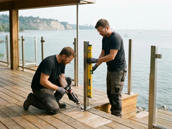 Two installers setting 316 stainless posts with chemical anchors on a waterfront deck