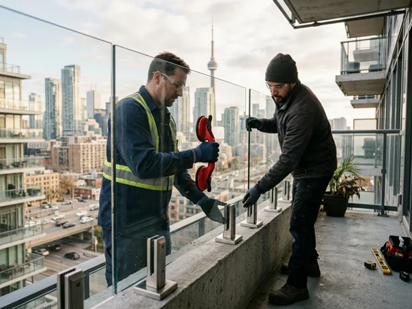 Two installers setting a tempered glass panel into stainless spigots on a condo balcony