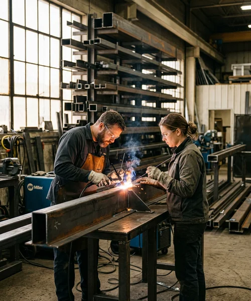 Two welders TIG-welding a steel stair stringer in the Etobicoke shop