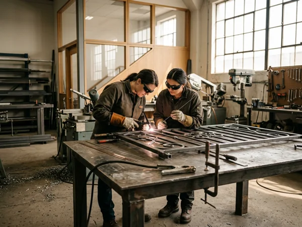 Two welders TIG-welding a wrought iron railing panel in the Etobicoke shop