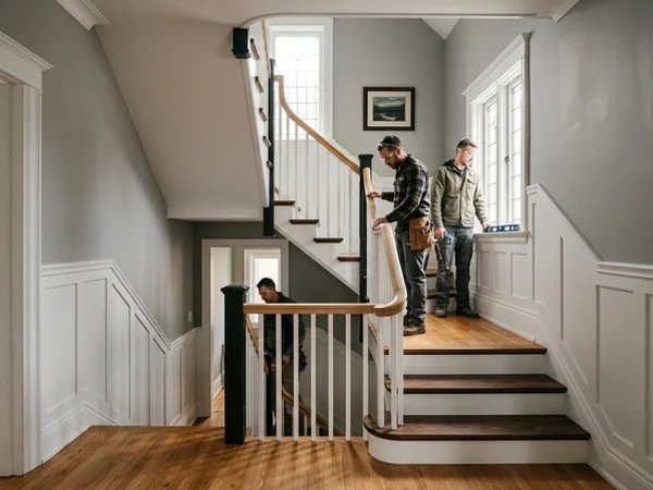 Walnut U-shape staircase with a maple handrail in a Rosedale century home