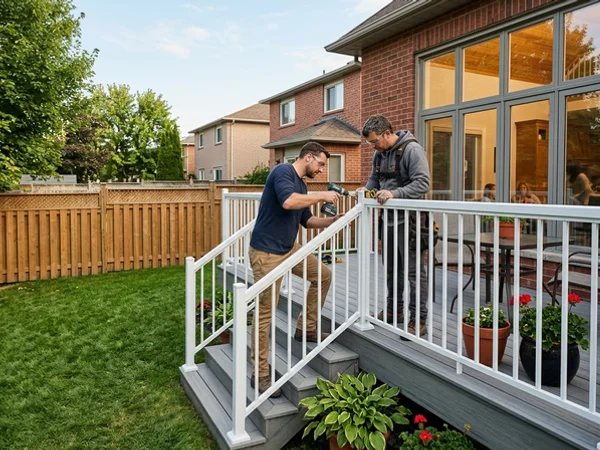 White aluminum picket railing on a composite deck in Erin Mills