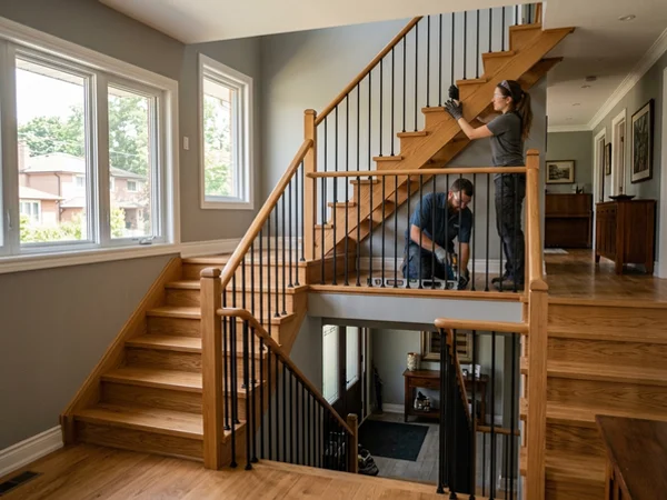 Willowdale split-level with new oak treads and iron balusters on every half flight